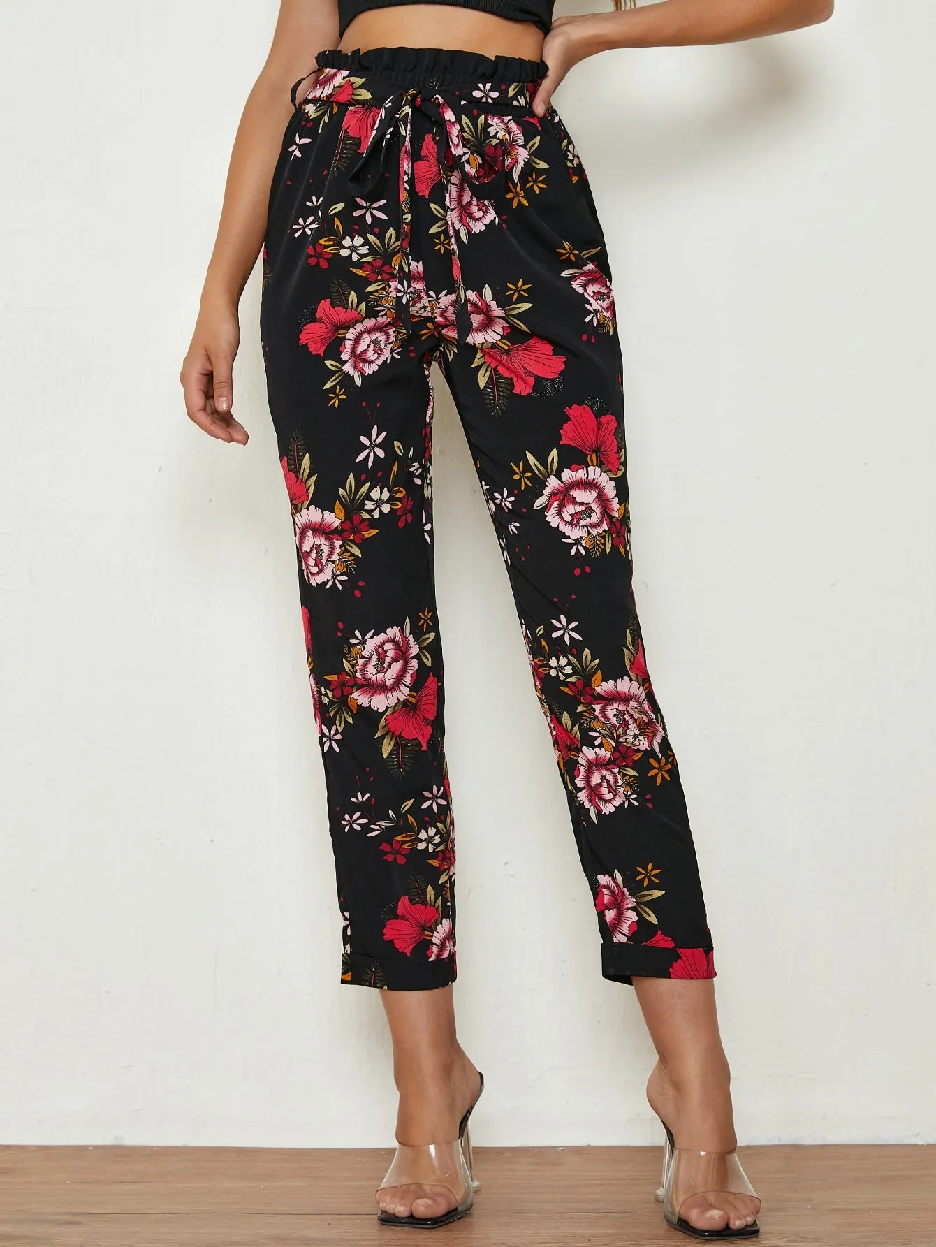 Casual Floral Paper Bag Waist High Waist Cropped Women Pants