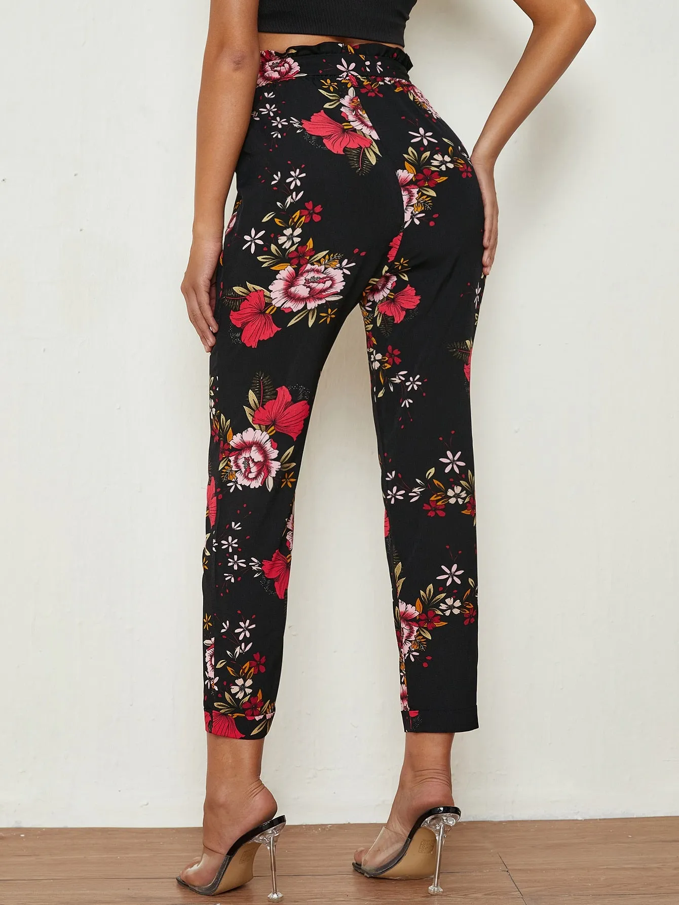 Casual Floral Paper Bag Waist High Waist Cropped Women Pants