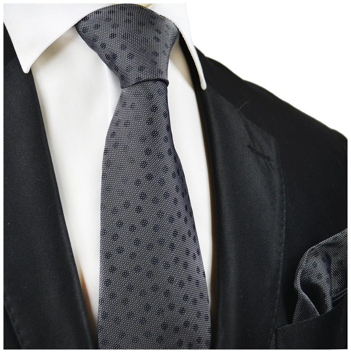 Charcoal Polka Dot Silk Tie and Pocket Square