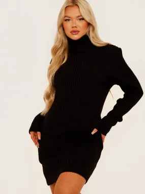 Charley Ribbed Knitted Roll Neck Bodycon Dress In Black