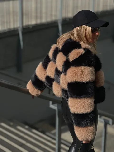 Checker Faux Fur Coat