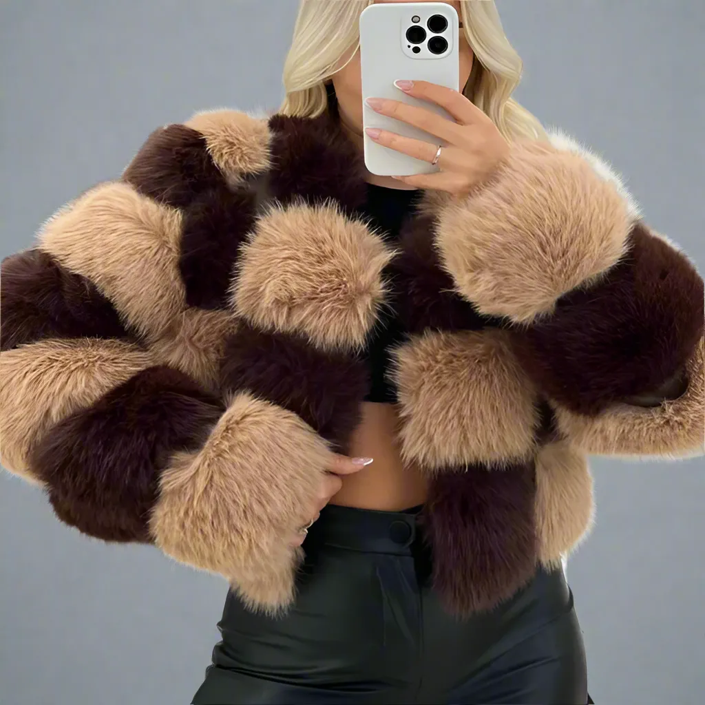 Checker Faux Fur Coat