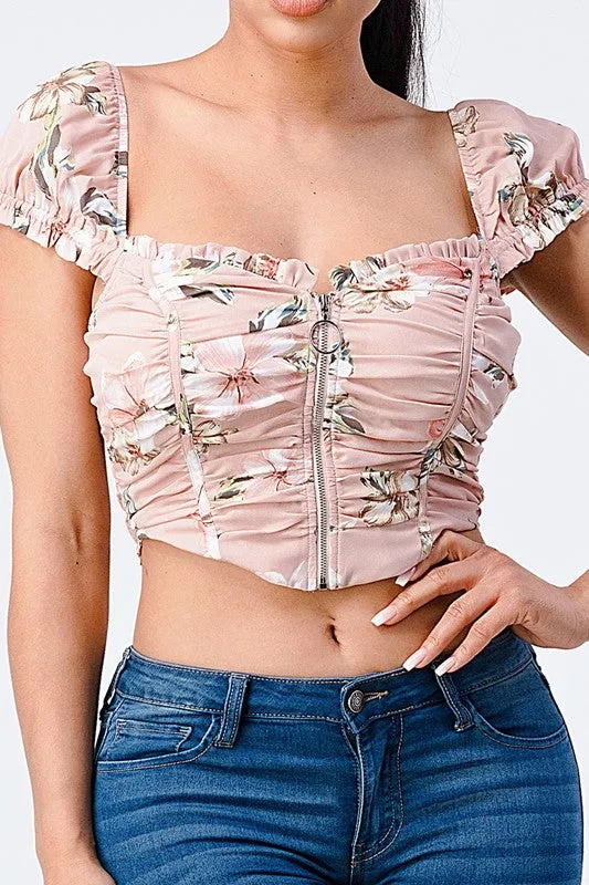 CHIC FLORAL CAP SLEEVE RING ZIP-UP CROPPED TOP