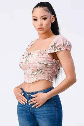 CHIC FLORAL CAP SLEEVE RING ZIP-UP CROPPED TOP