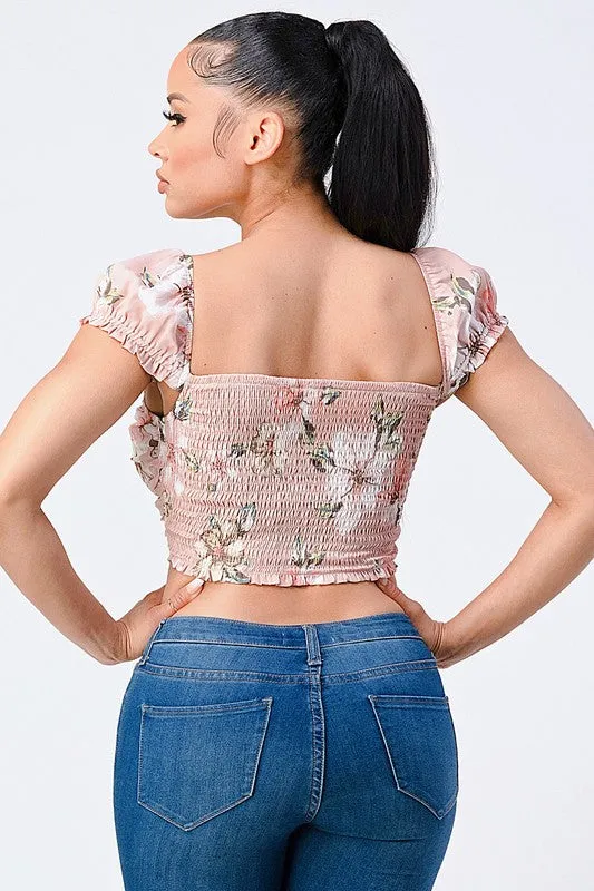 CHIC FLORAL CAP SLEEVE RING ZIP-UP CROPPED TOP
