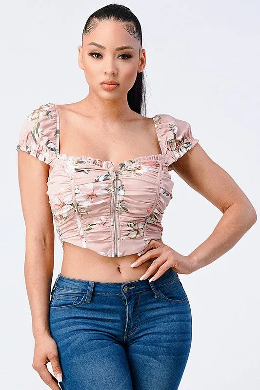 CHIC FLORAL CAP SLEEVE RING ZIP-UP CROPPED TOP