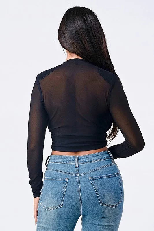 CHIC SHEER POWER SHOULDER OPEN FRONT TOP