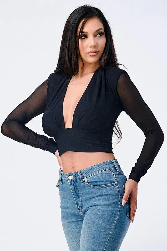 CHIC SHEER POWER SHOULDER OPEN FRONT TOP