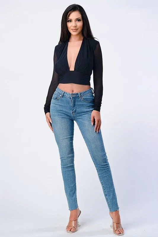 CHIC SHEER POWER SHOULDER OPEN FRONT TOP