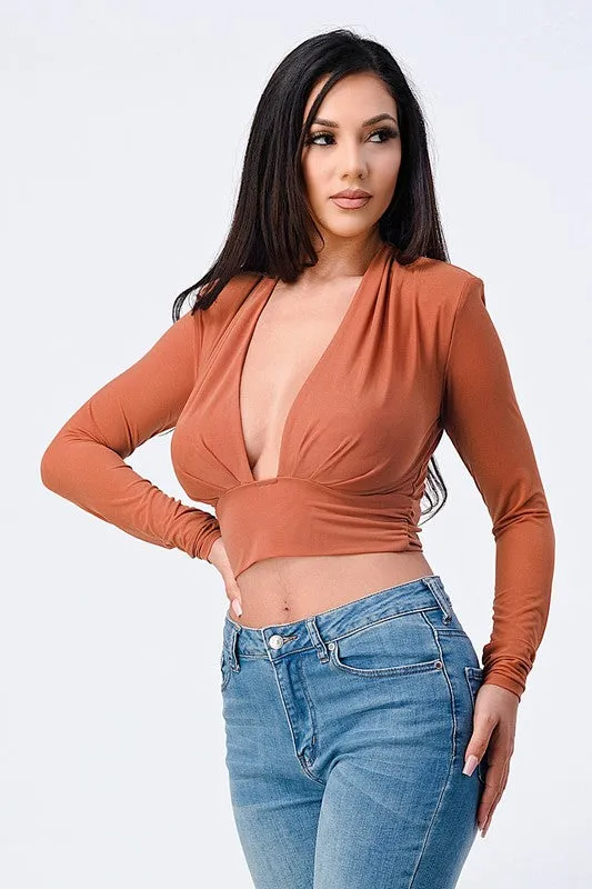 CHIC SHEER POWER SHOULDER OPEN FRONT TOP