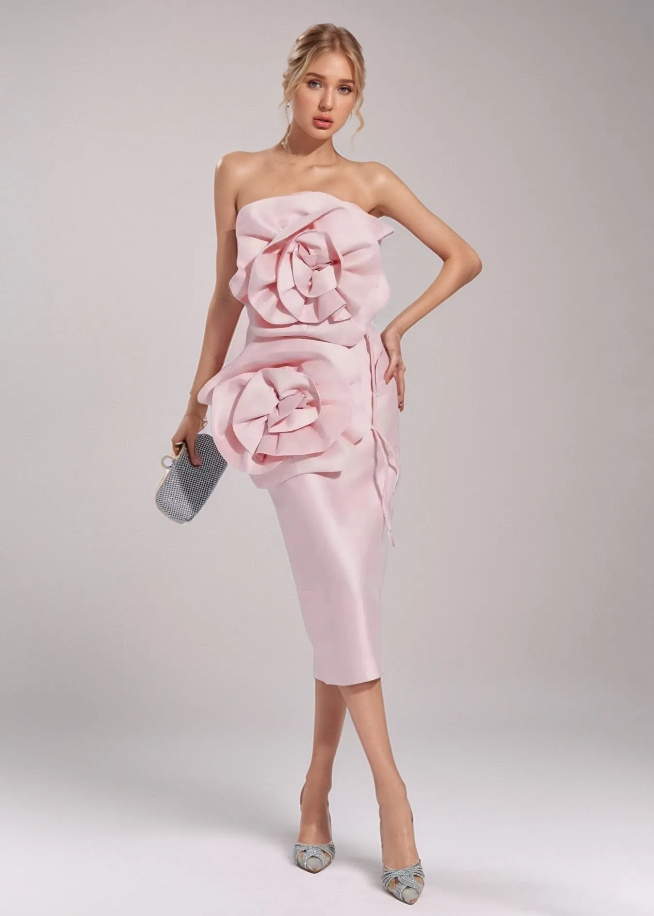 Clare Big Flowers Detail Strapless Midi Dress