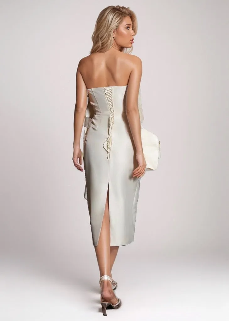 Clare Big Flowers Detail Strapless Midi Dress