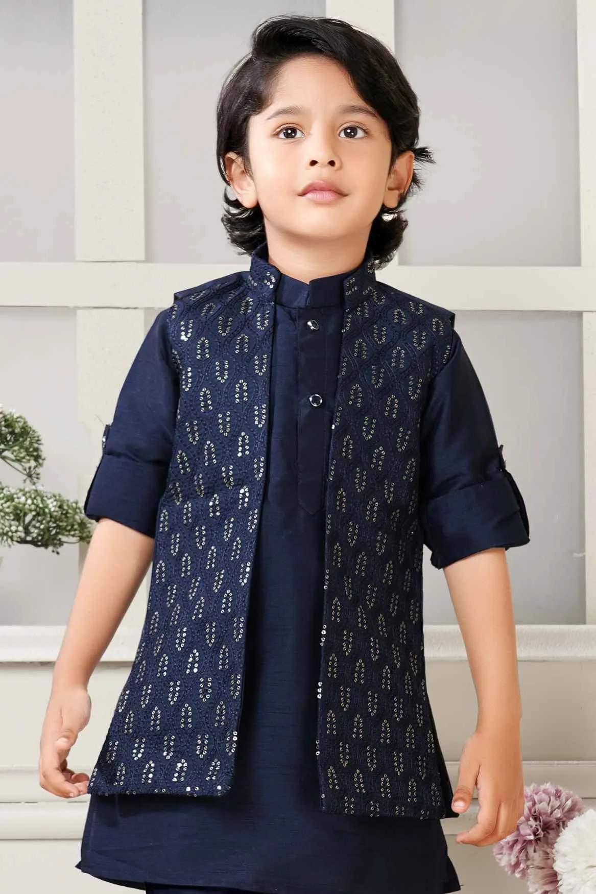 Classic Navy Blue Kurta Set With Overcoat For Boys