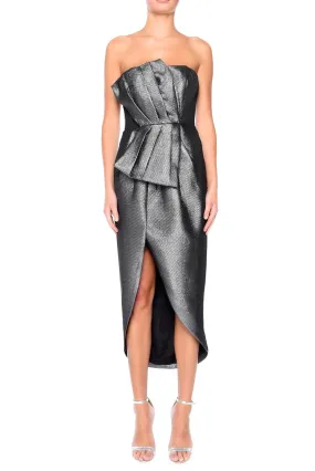Clover Gunmetal Jacquard Strapless Tulip Midi Dress