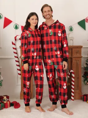 Cozy Christmas Couple's Hooded Onesie Pajamas - Plaid, Zip-Up, Long Sleeve Sleepwear Set for Men