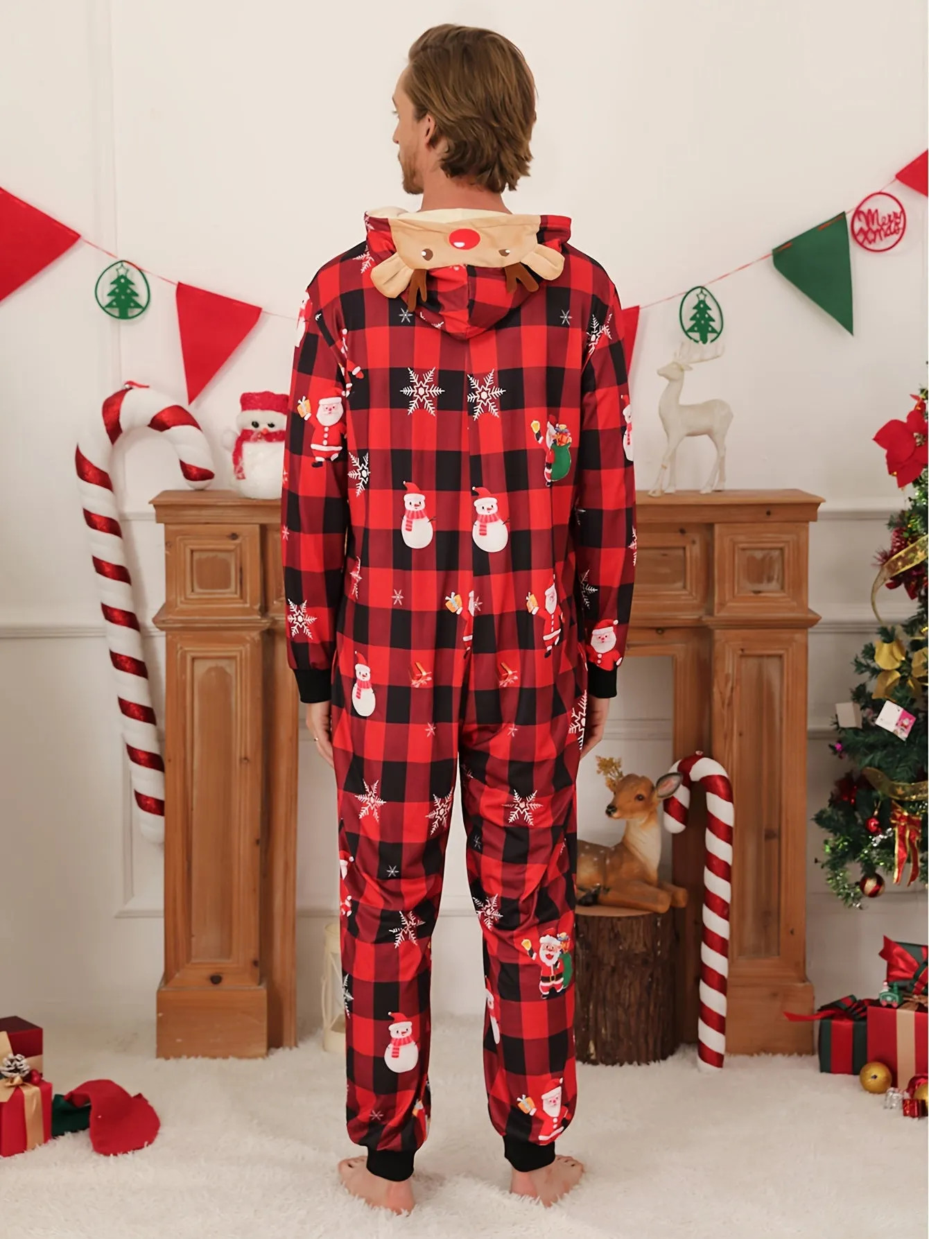 Cozy Christmas Couple's Hooded Onesie Pajamas - Plaid, Zip-Up, Long Sleeve Sleepwear Set for Men