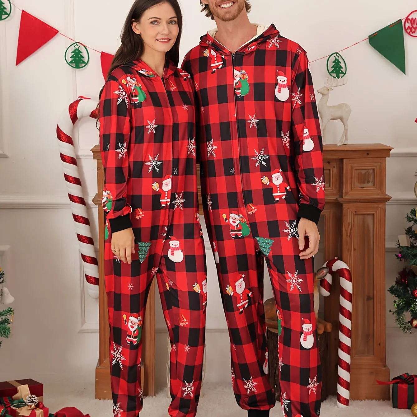 Cozy Christmas Couple's Hooded Onesie Pajamas - Plaid, Zip-Up, Long Sleeve Sleepwear Set for Men