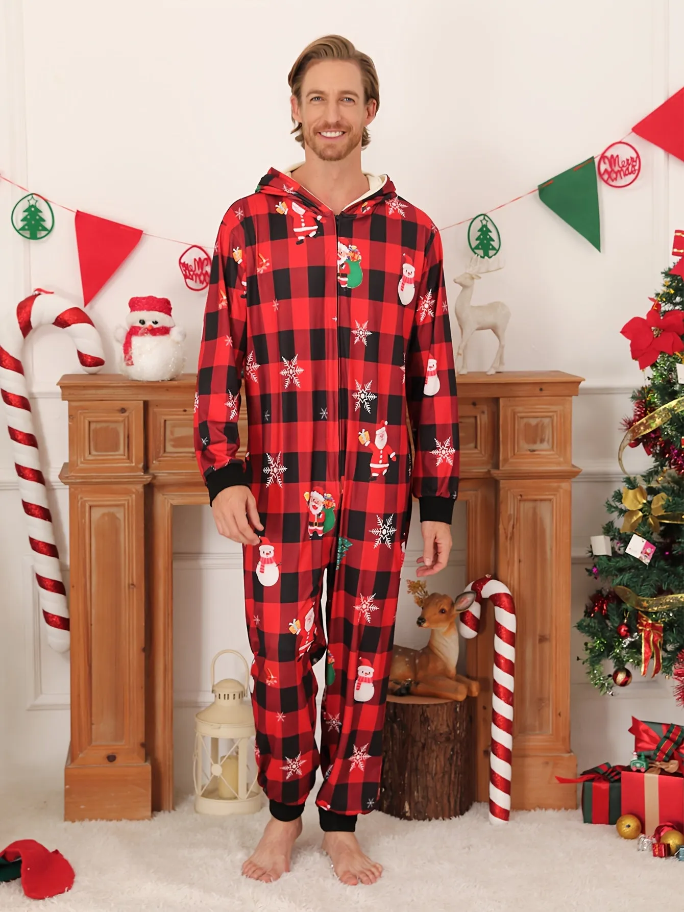 Cozy Christmas Couple's Hooded Onesie Pajamas - Plaid, Zip-Up, Long Sleeve Sleepwear Set for Men