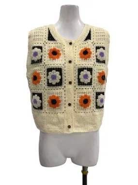 Cream White Floral Knitted Vest