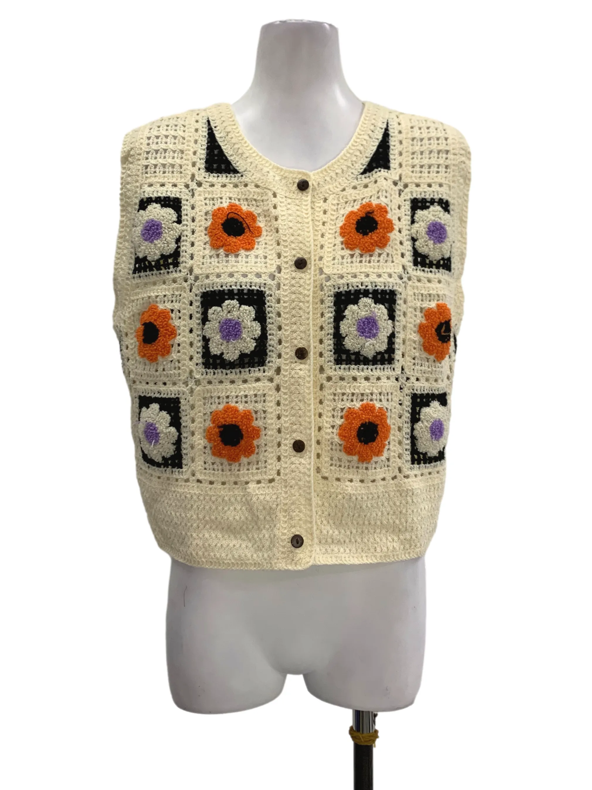 Cream White Floral Knitted Vest