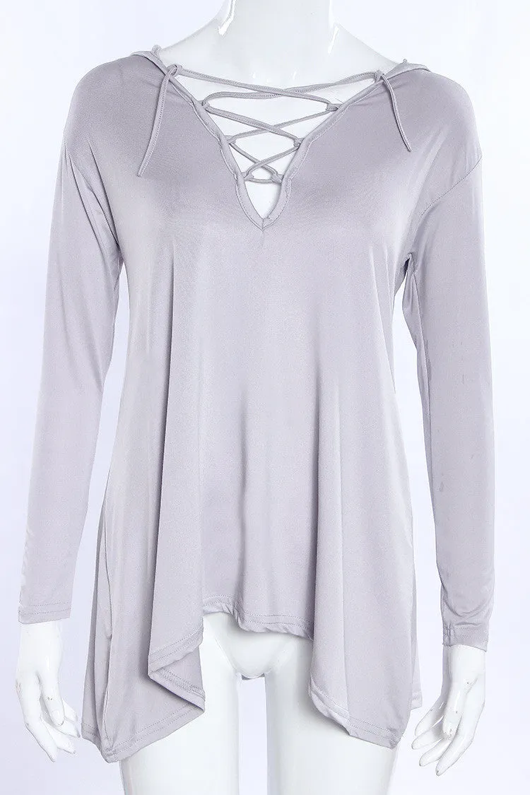 Cross Strap Neckline Irregular Long Sleeves Loose Hooded Blouse