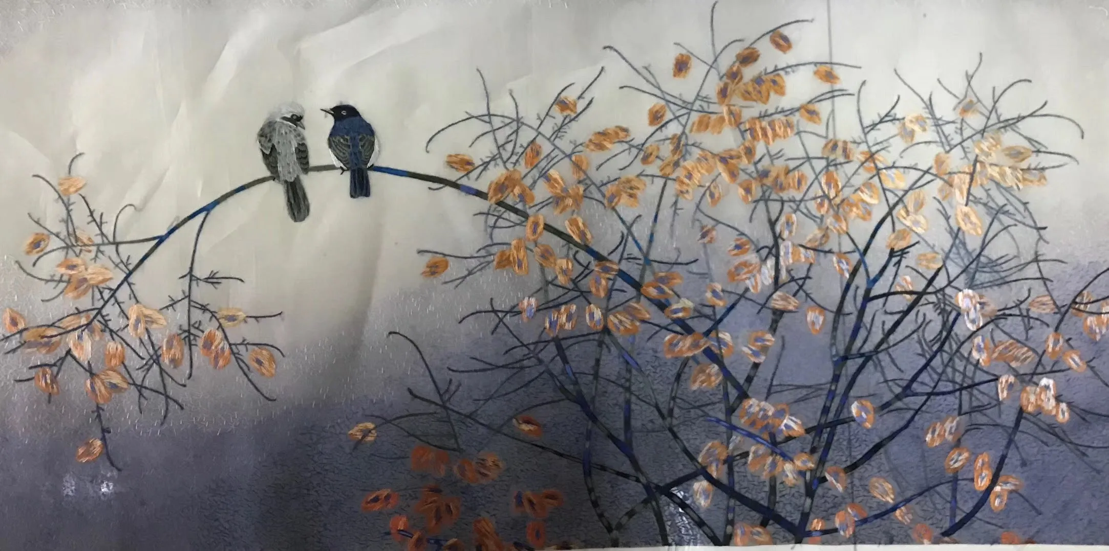 Delicate Hand Suzhou Embroidery Art:birds branch peony bamboo 100cm 3918