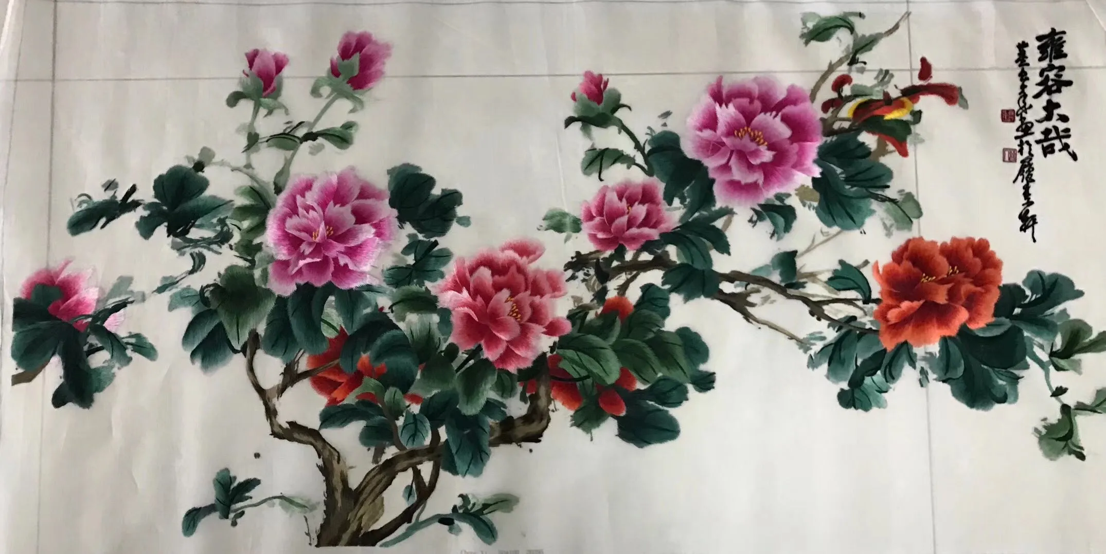 Delicate Hand Suzhou Embroidery Art:birds branch peony bamboo 100cm 3918