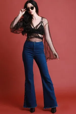 Denim High Waisted Side Snap Buttons Flared Pants