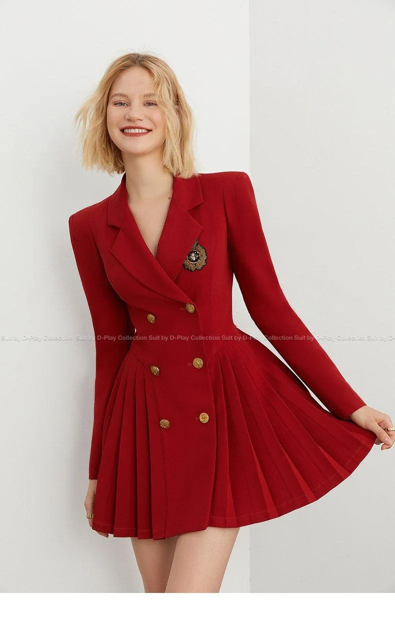 DPLAY Spring  Retro Navy Blue Pleated Wide Shoulder Suit Skirt - Celabi