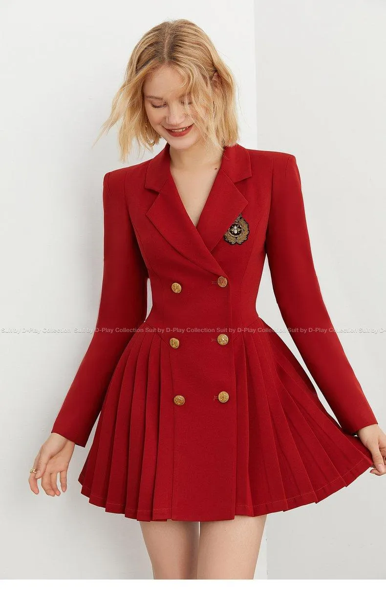 DPLAY Spring  Retro Navy Blue Pleated Wide Shoulder Suit Skirt - Celabi