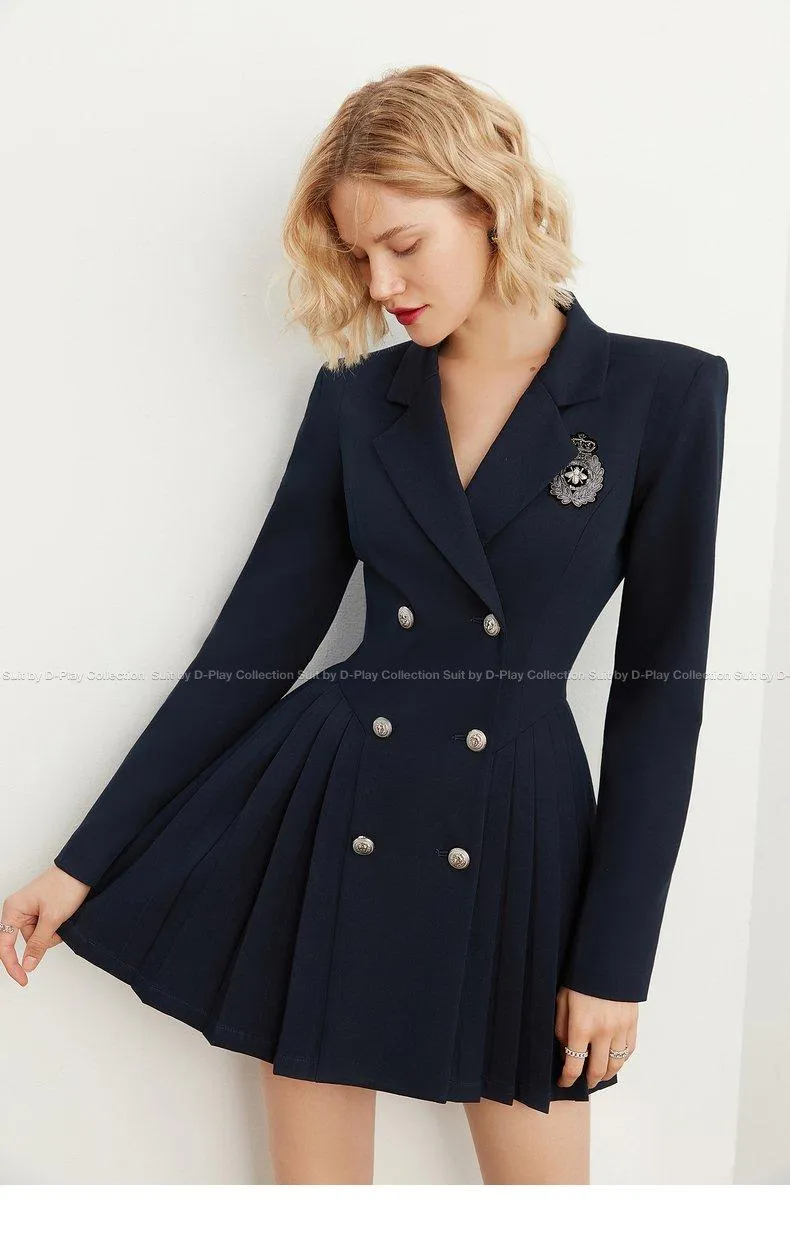 DPLAY Spring  Retro Navy Blue Pleated Wide Shoulder Suit Skirt - Celabi