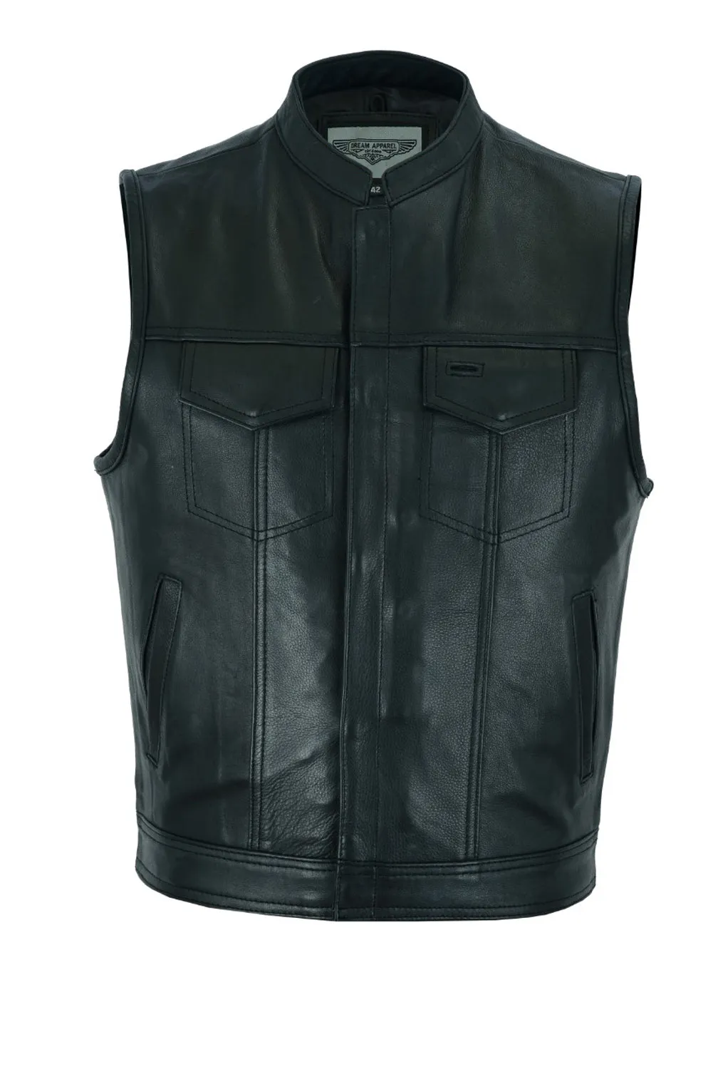 Dream Apparel® Mens Motorcycle CLUB VEST® Cowhide Leather, Zipper Front, Concealed Front Snaps