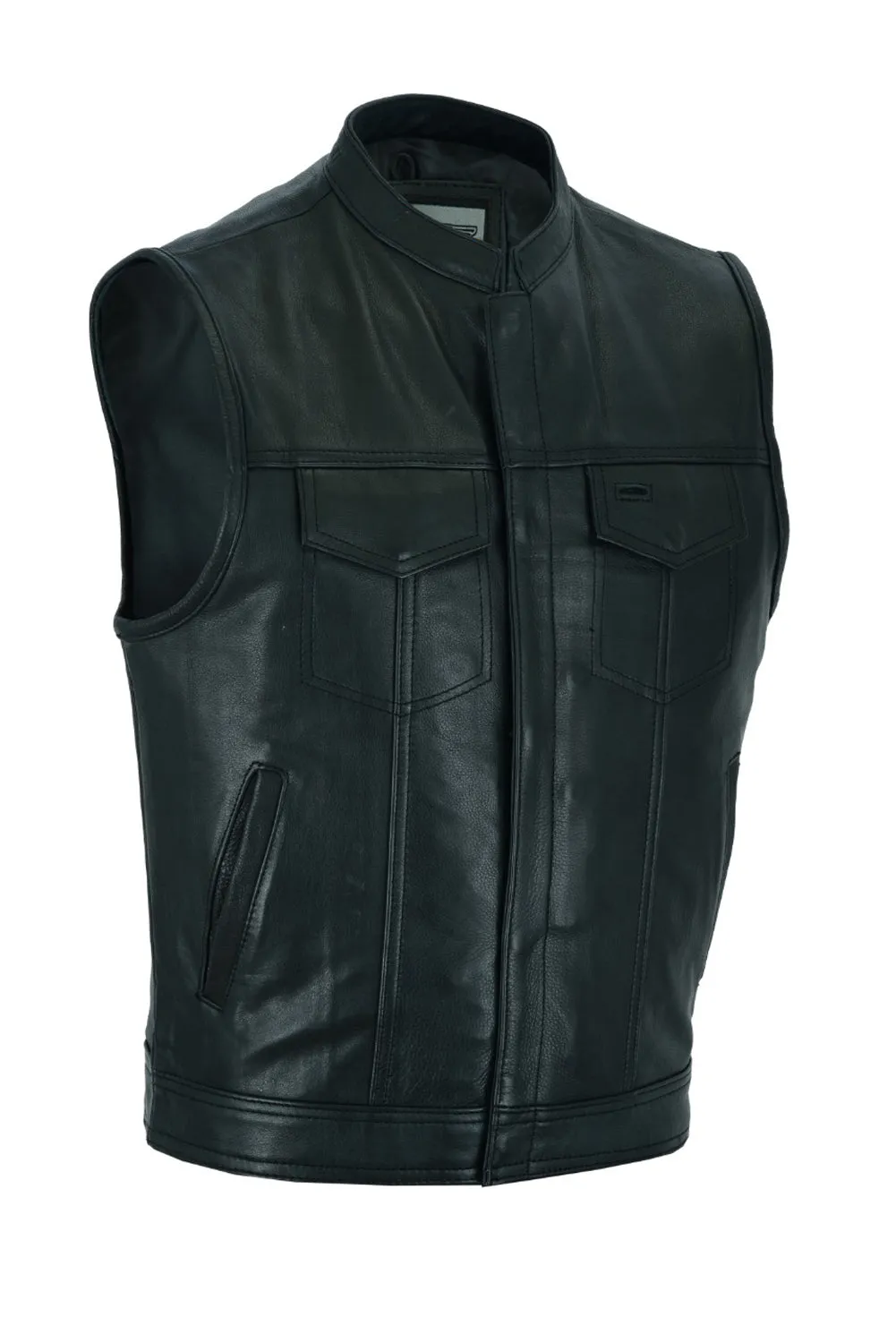 Dream Apparel® Mens Motorcycle CLUB VEST® Cowhide Leather, Zipper Front, Concealed Front Snaps