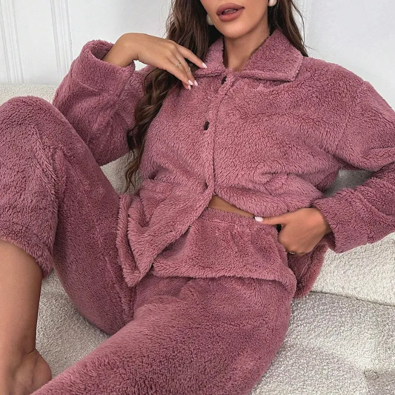 Dual Pocket Flannel Set For Women