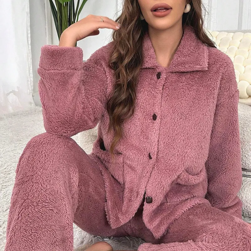 Dual Pocket Flannel Set For Women