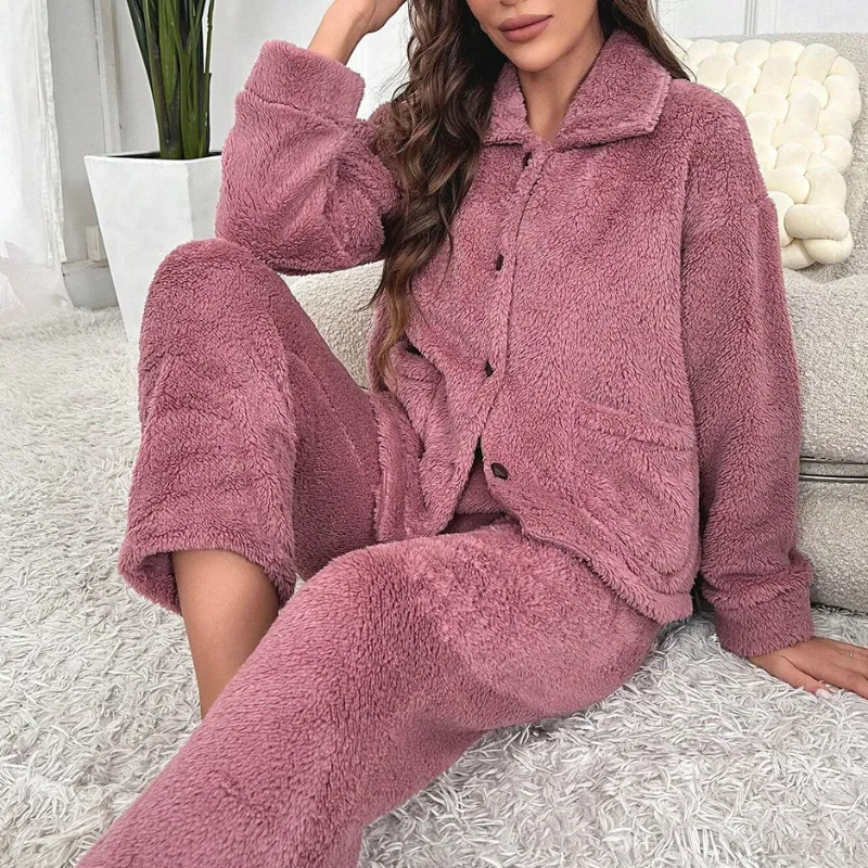 Dual Pocket Flannel Set For Women