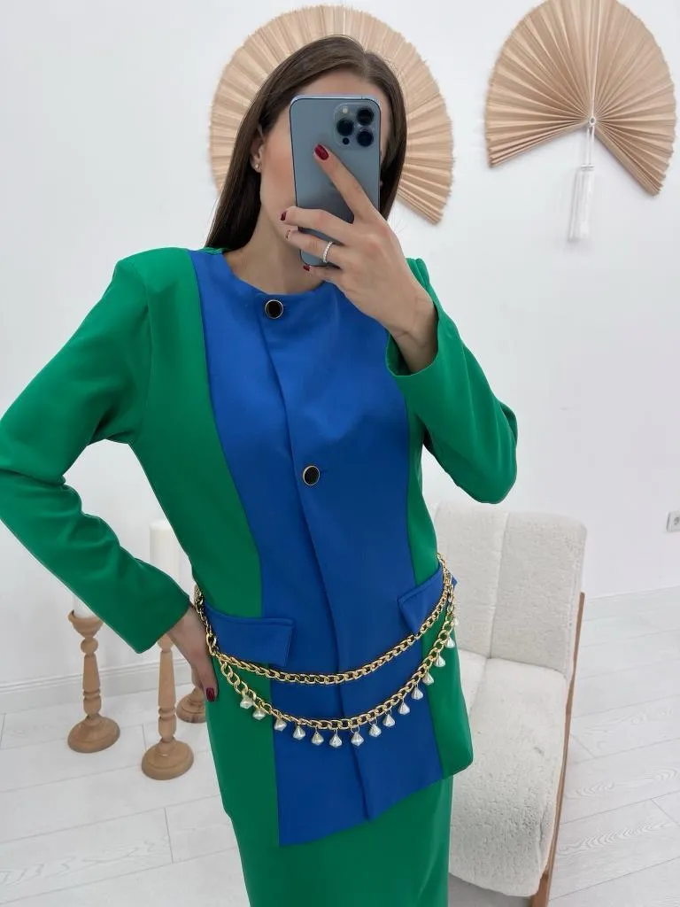 ELS Atlas Fabric Jacket and Skirt Set with Garnish - Green - Marco de Canavezes