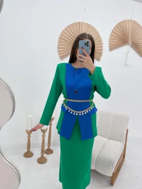 ELS Atlas Fabric Jacket and Skirt Set with Garnish - Green - Marco de Canavezes