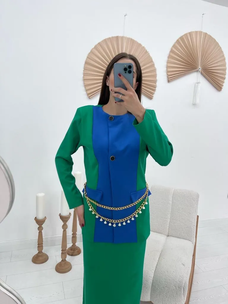 ELS Atlas Fabric Jacket and Skirt Set with Garnish - Green - Marco de Canavezes