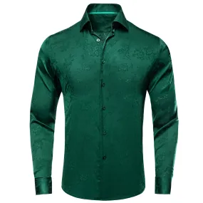 Emerald Green Floral Silk Men's Long Sleeve Shirt
