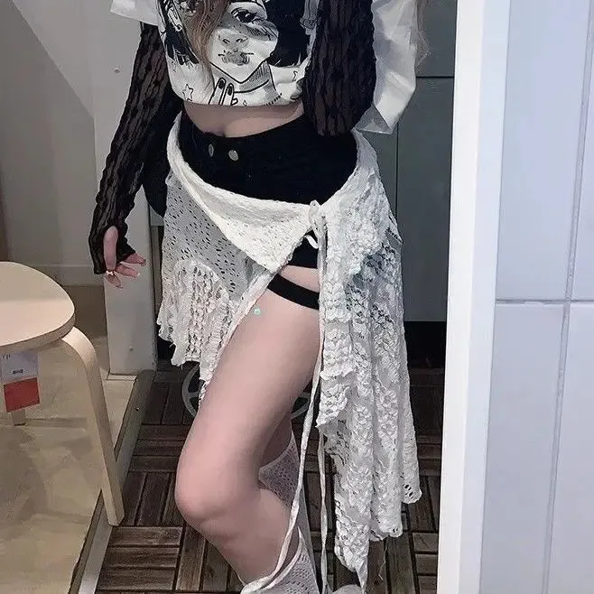 Faldas Mujer De Moda Sexy Mini Skirts for Women Lace Bandage Summer Jupe Hollow Out White Saia Split Irregulae Y2k Skirt