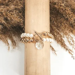 Gold and white Beaded Bracelet with Toggle Clasp