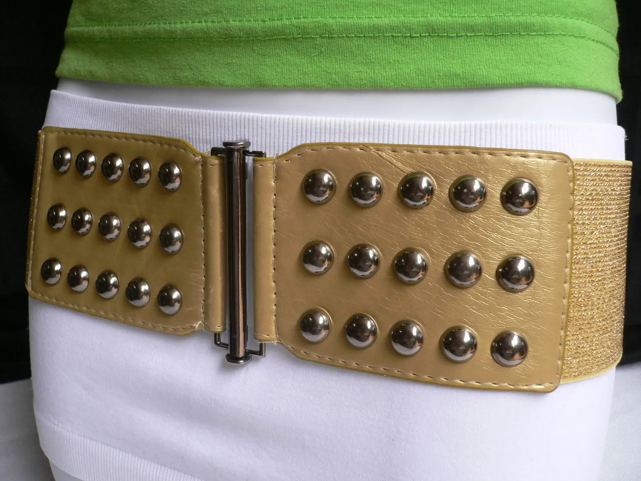 Gold Faux Leather Wide Elastic Stretch Back Belt Pewter Studs Plus Size M-XL