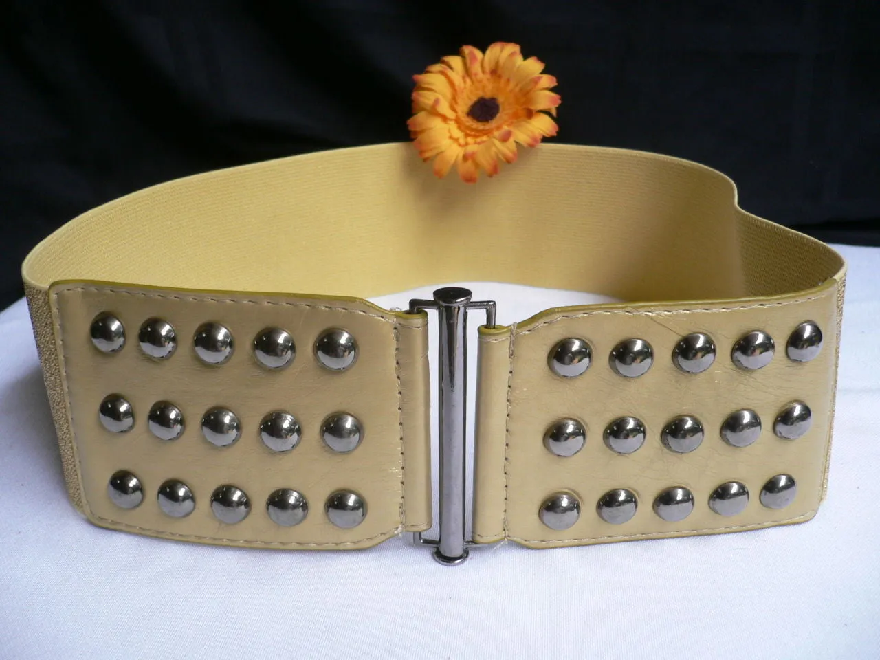 Gold Faux Leather Wide Elastic Stretch Back Belt Pewter Studs Plus Size M-XL