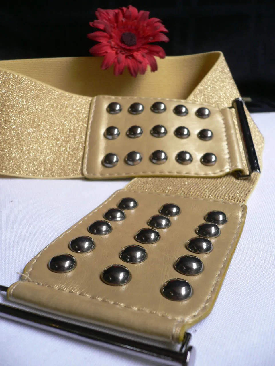 Gold Faux Leather Wide Elastic Stretch Back Belt Pewter Studs Plus Size M-XL