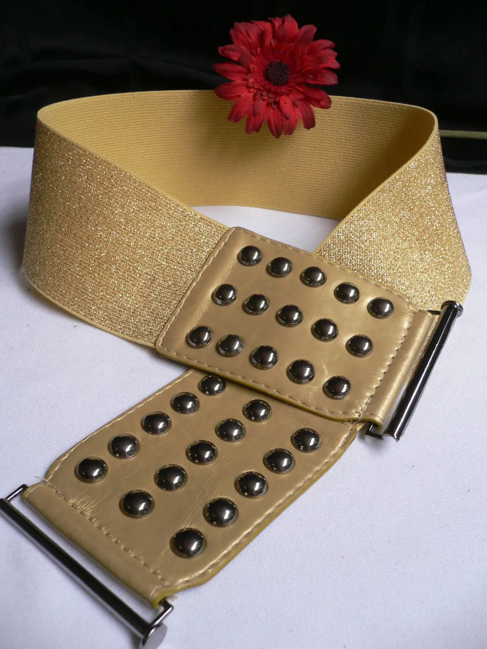 Gold Faux Leather Wide Elastic Stretch Back Belt Pewter Studs Plus Size M-XL