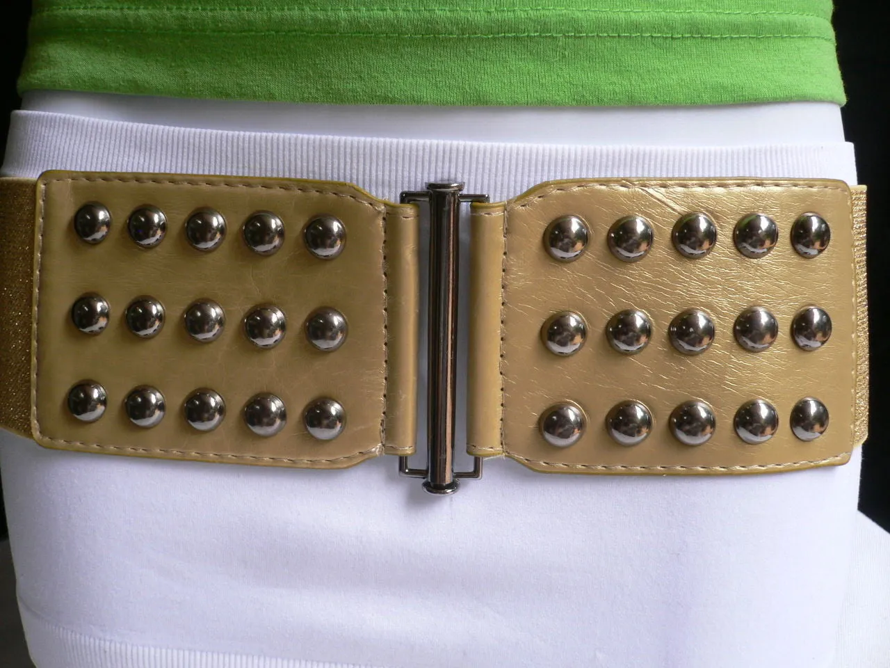 Gold Faux Leather Wide Elastic Stretch Back Belt Pewter Studs Plus Size M-XL