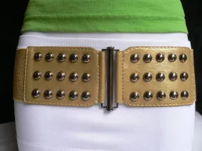 Gold Faux Leather Wide Elastic Stretch Back Belt Pewter Studs Plus Size M-XL