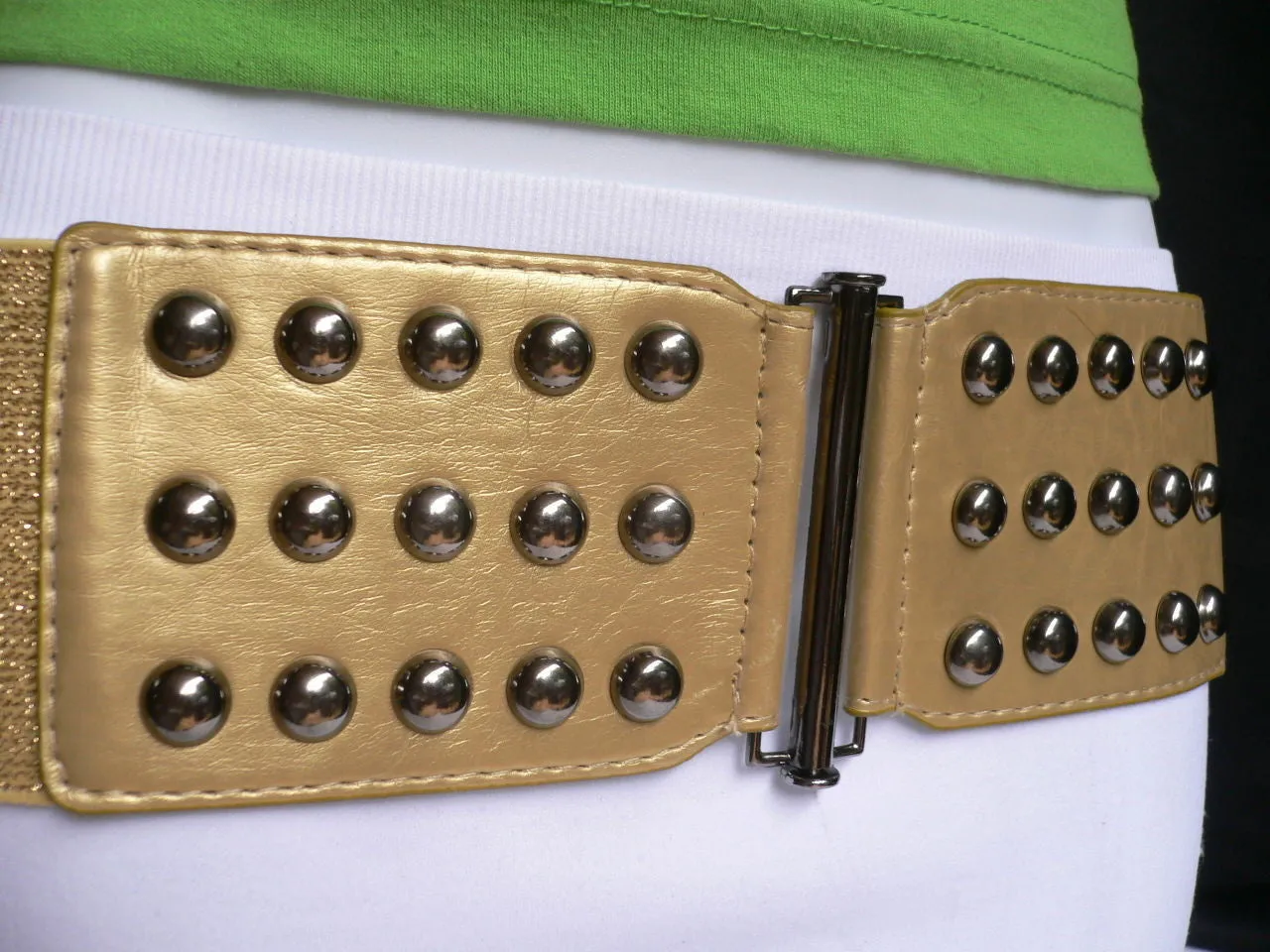 Gold Faux Leather Wide Elastic Stretch Back Belt Pewter Studs Plus Size M-XL