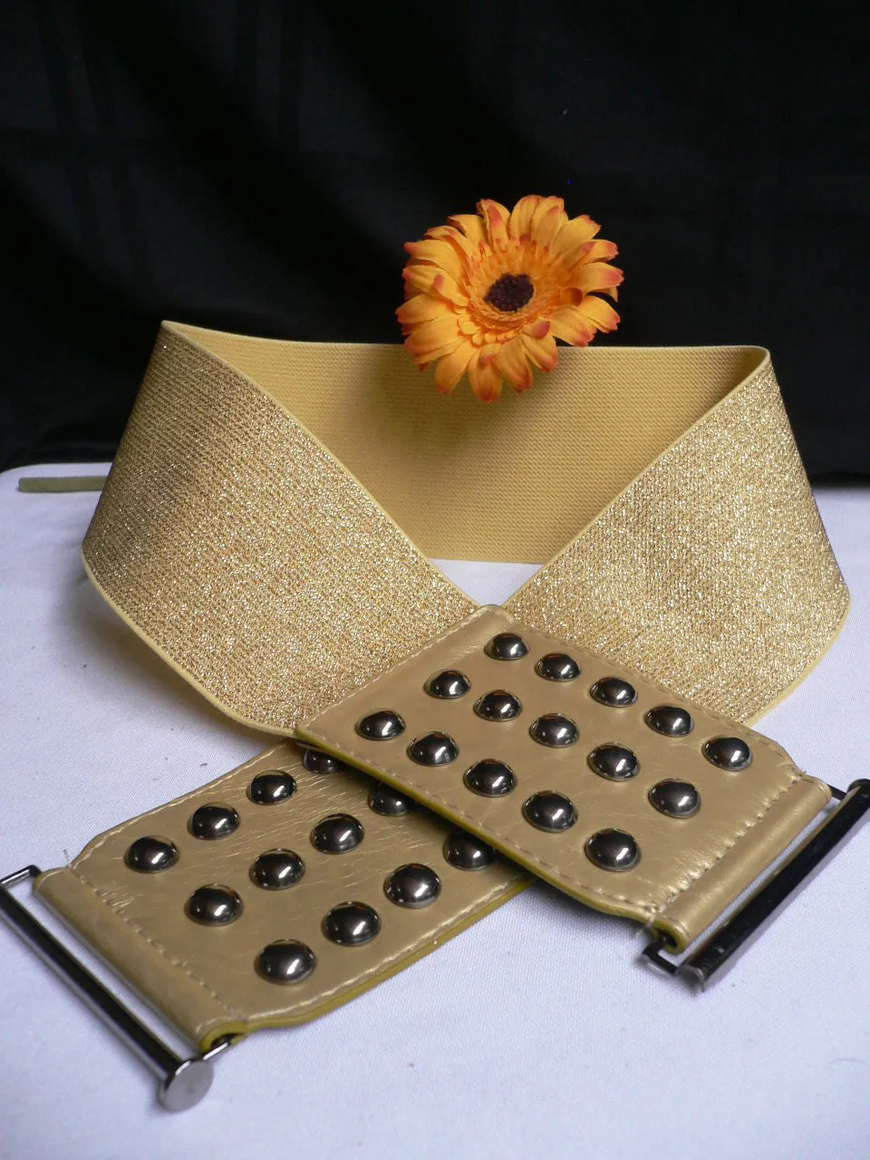 Gold Faux Leather Wide Elastic Stretch Back Belt Pewter Studs Plus Size M-XL